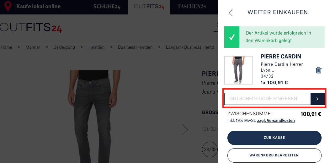 Gutscheincode im Warenkorb in der Seitenleiste eingeben.