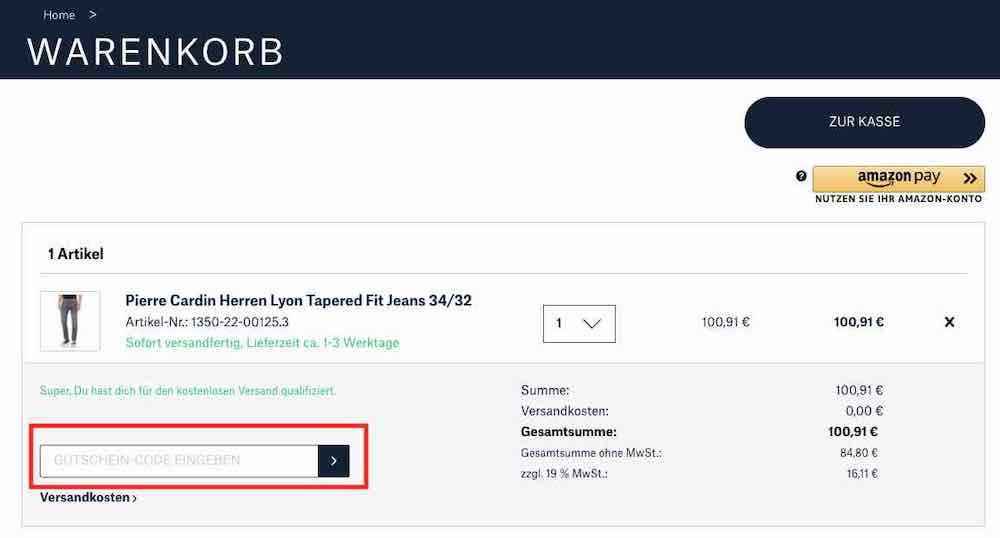 Gutscheincode direkt im Warenkorb von outfits24.de eingeben.